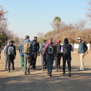 students preparing for a hike